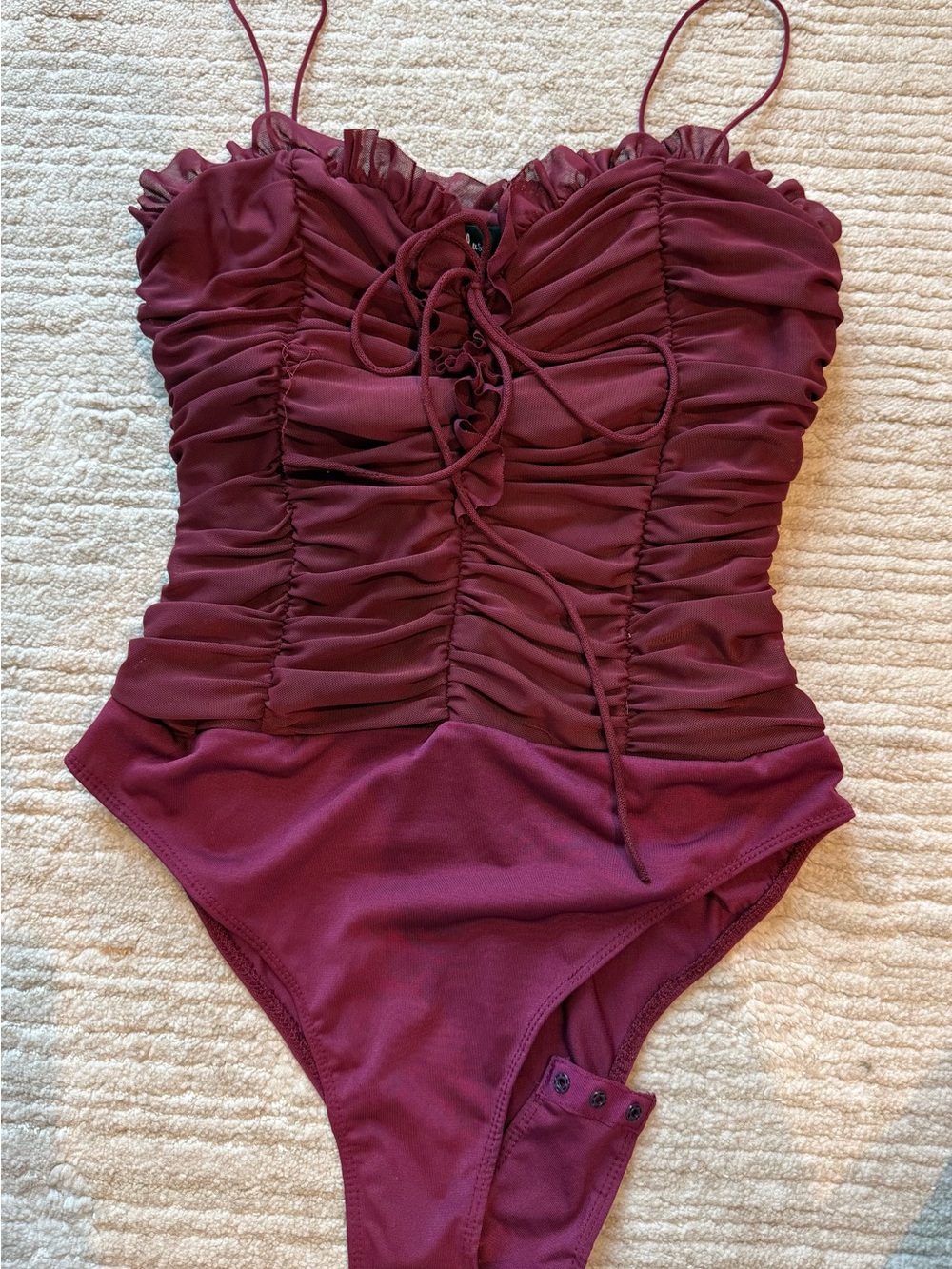 Lulus Ruched Burgundy Lace-Up Corset Bodysuit - M - Picture 2 of 6